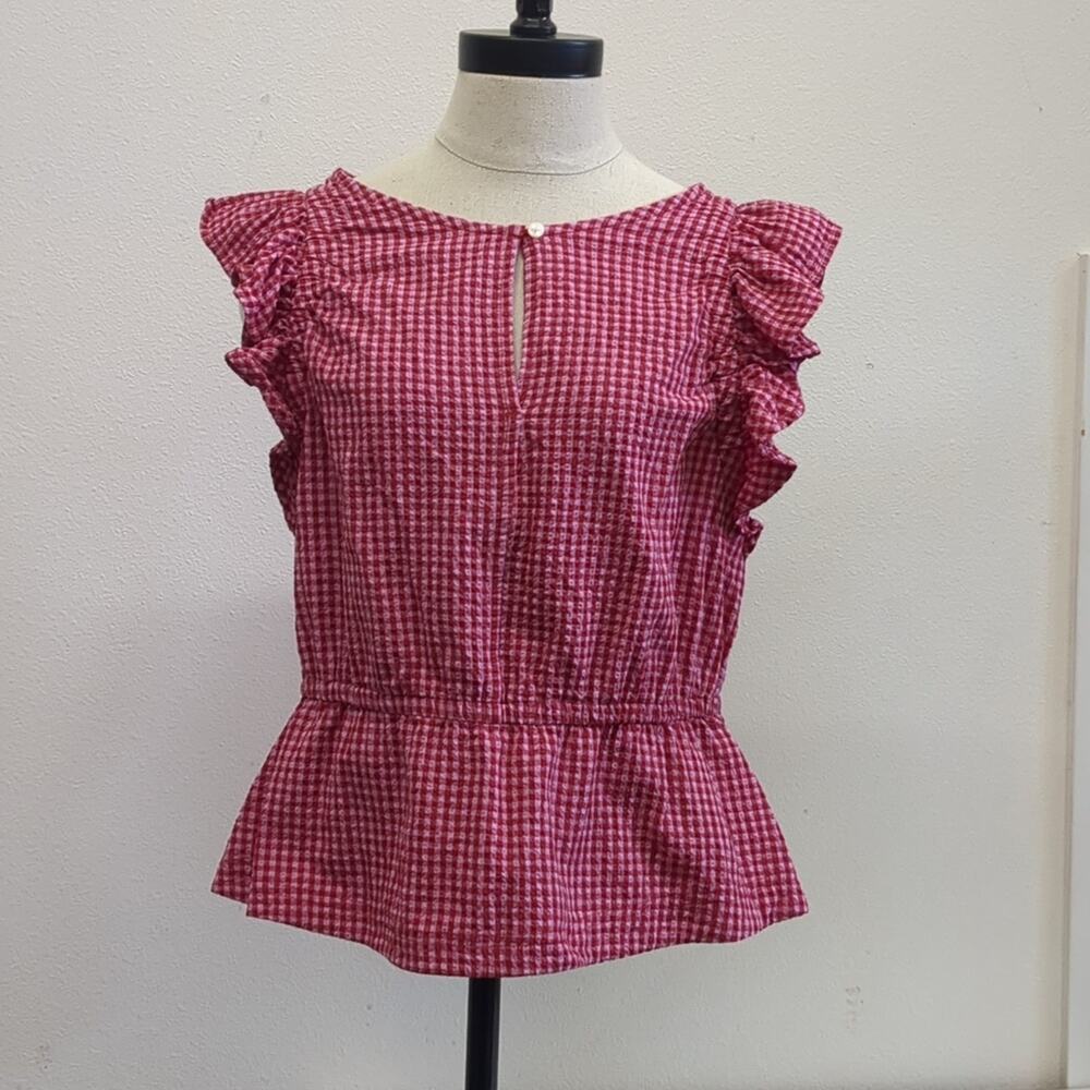 Women’s Pink Gingham Ruffle Sleeve Peplum Blouse
